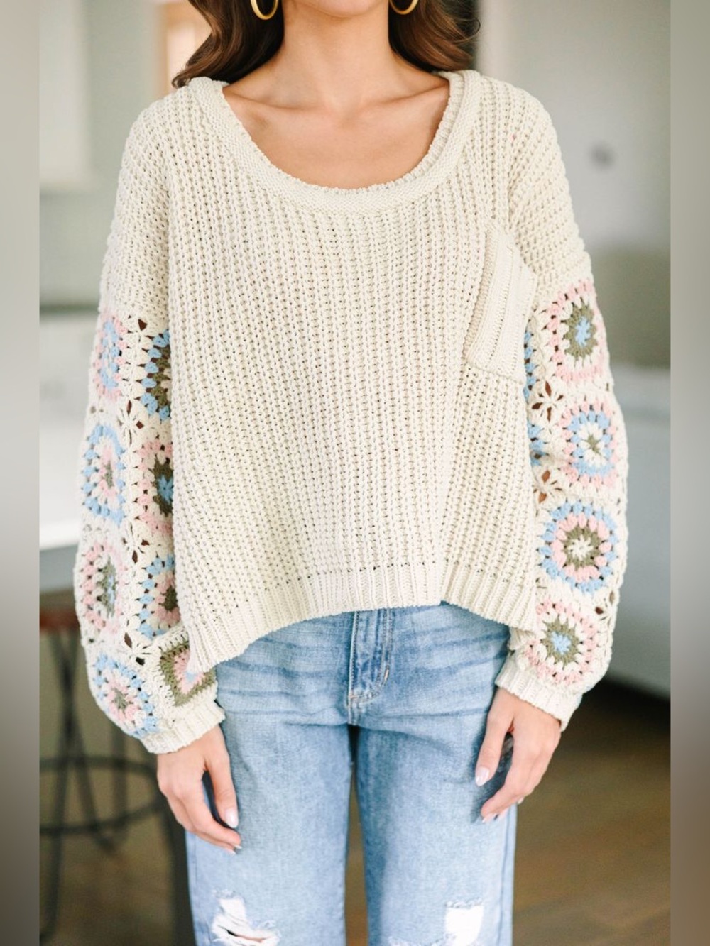 POL Grandma Square Crochet Sleeve Oversized Sweater